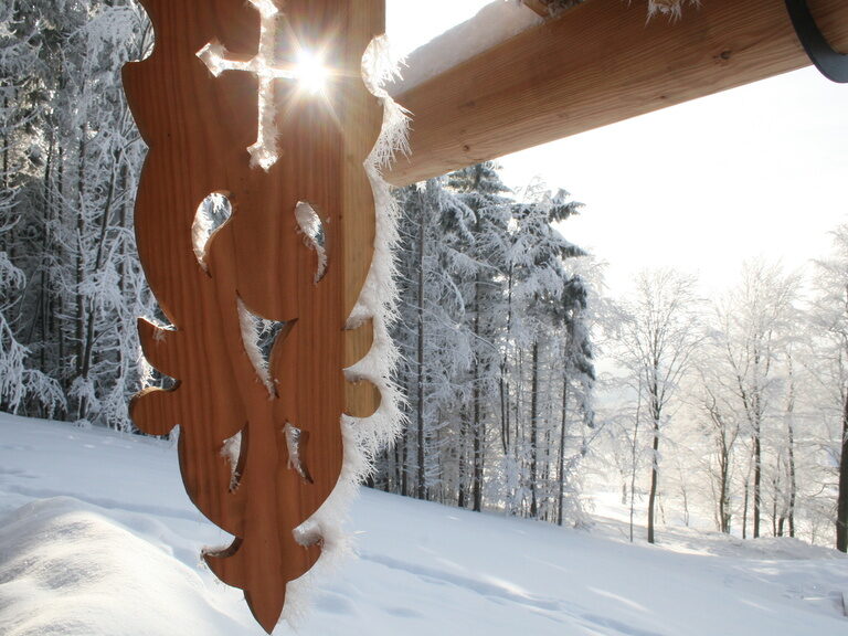 Panoramasauna mit Blick auf grüne Waldlandschaft im Wellnesshotel Hüttenhof
